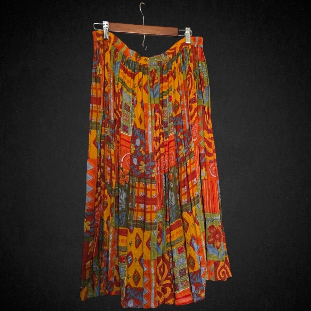 Kaktus Plus Vintage Boho Broomstick Midi Skirt - Orange Floral 1X - Picture 3 of 10